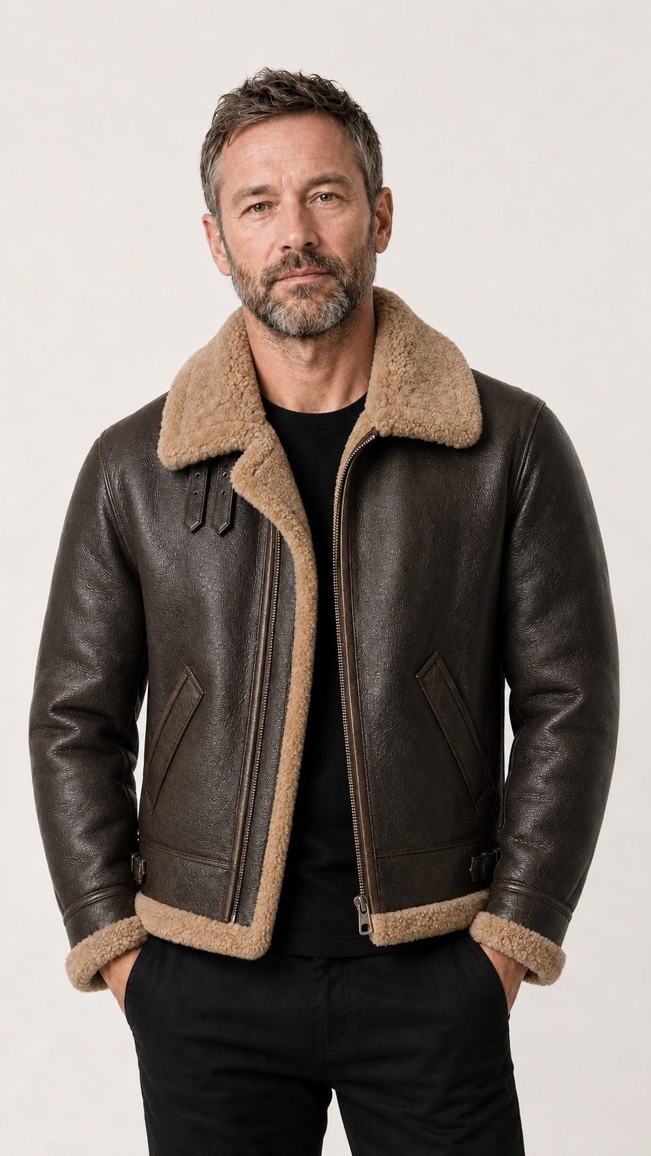 Man standing with hands in pockets in the brown B-3 shearling jacket — British model