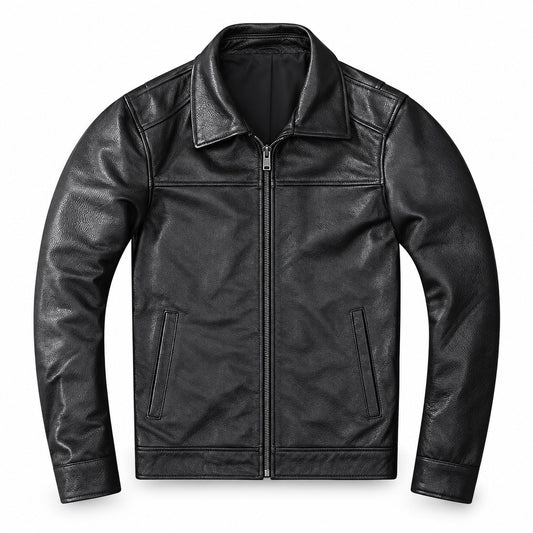 Black classic-collar cowhide jacket — clean front view