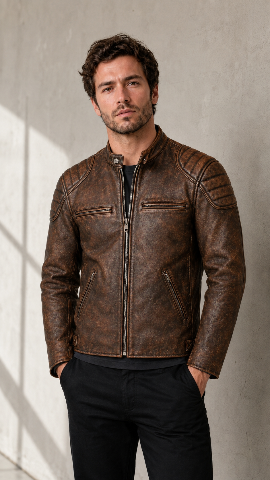 Younger British model wearing the distressed brown biker jacket