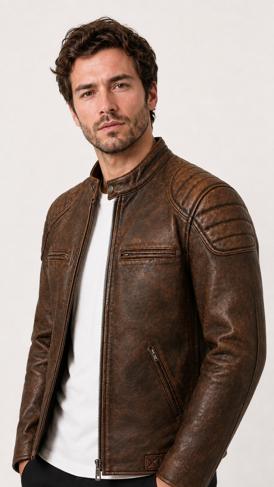 Three-quarter view of the distressed brown biker jacket on the model — British model