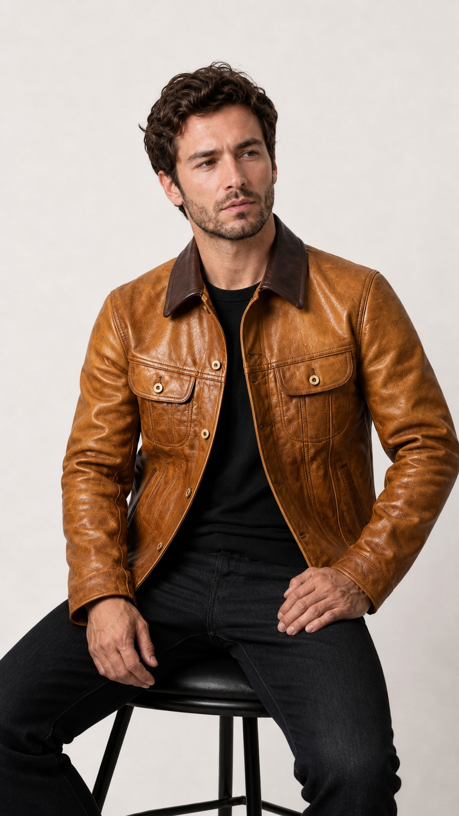 Man seated in the tan goatskin jacket with the contrast collar turned down — British model