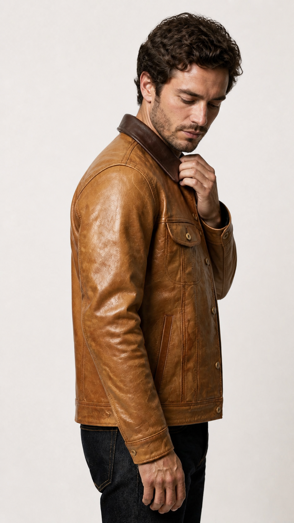 Side view of the tan goatskin trucker jacket on the model — British model