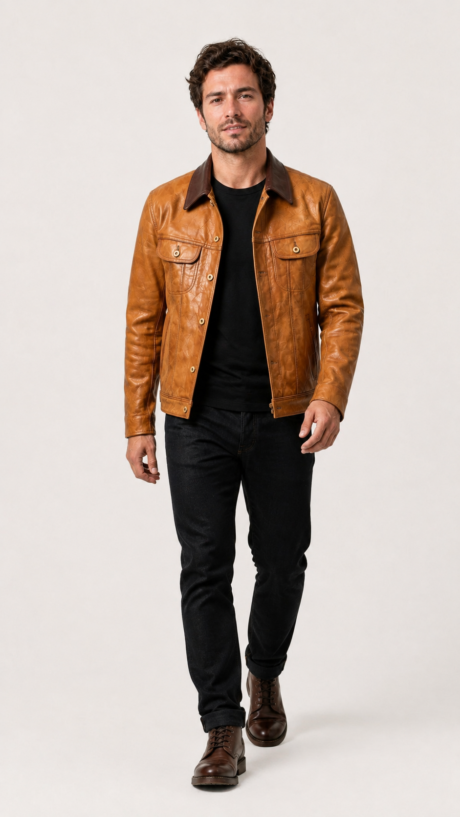 Full-length walking shot of the tan goatskin trucker jacket — British model