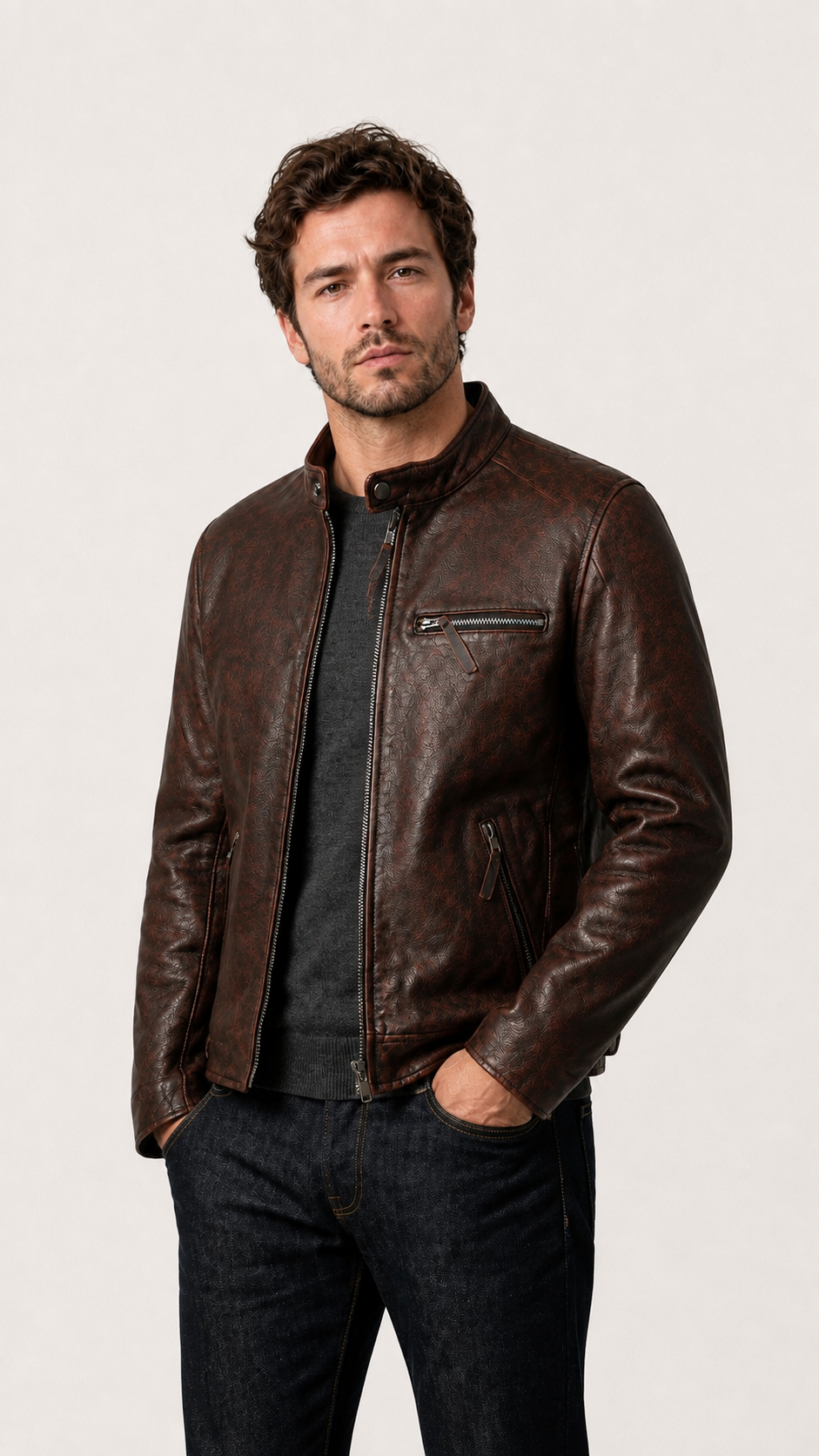 Man standing with hands in pockets in the oxblood cafe racer jacket — British model