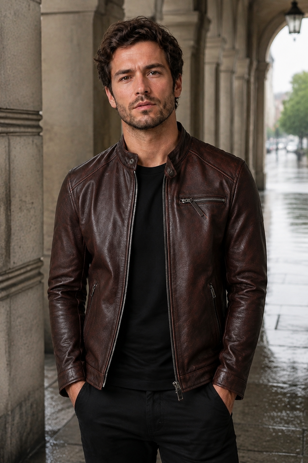 Younger British model wearing the oxblood cafe racer jacket