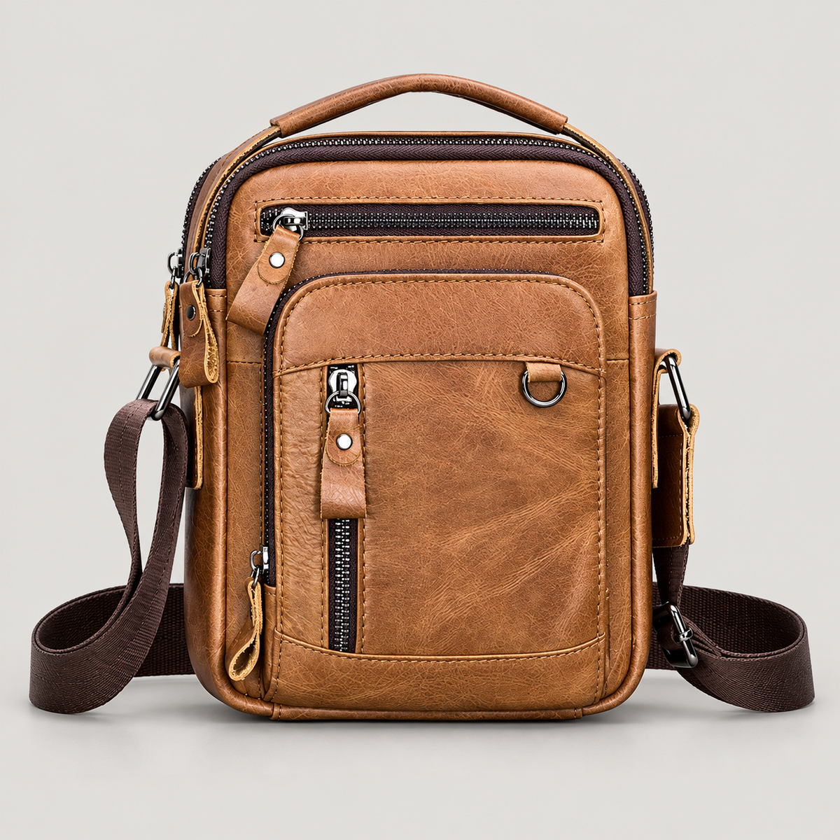 EKROZ caramel brown leather crossbody messenger bag