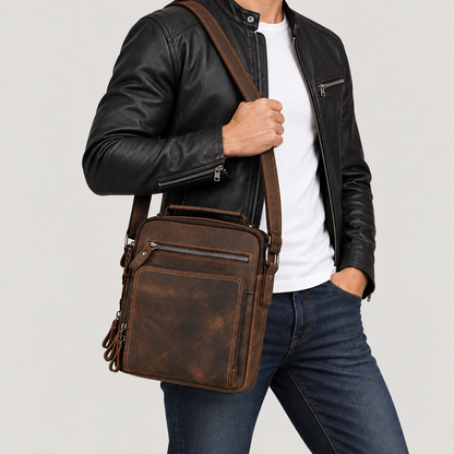 EKROZ dark coffee leather messenger bag worn crossbody