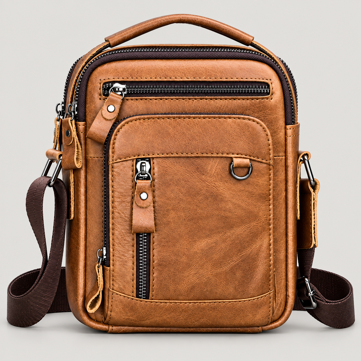 EKROZ caramel brown leather crossbody messenger bag
