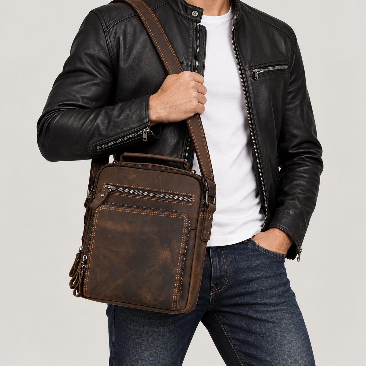 EKROZ dark coffee leather messenger bag