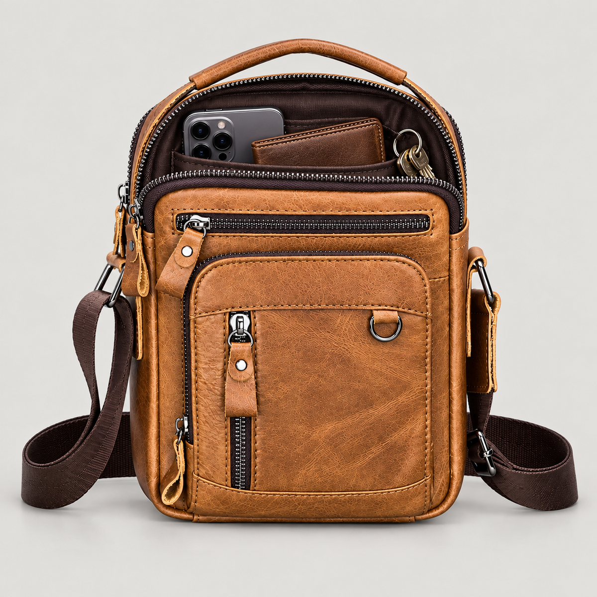 EKROZ caramel brown leather crossbody messenger bag