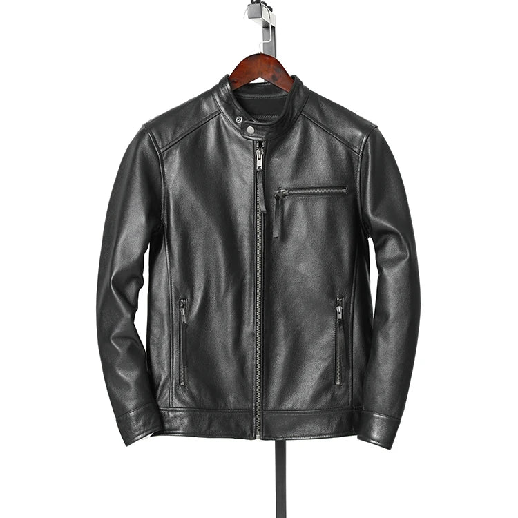 100% Genuine Leather — Black Cowhide Café Racer Jacket