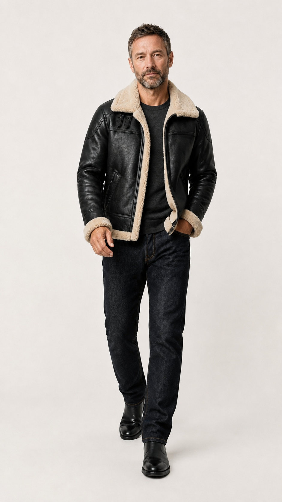 Full-length walking shot of the black shearling B-3 jacket — British model