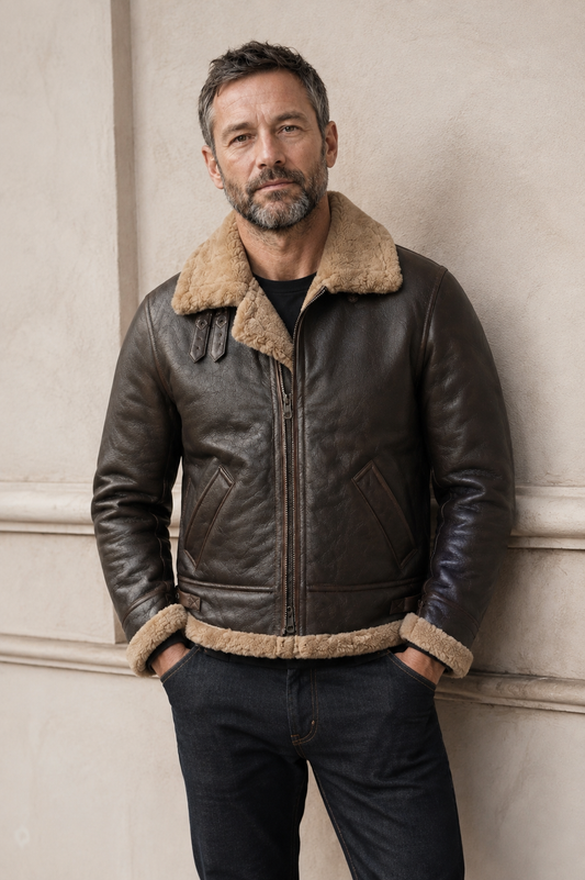Mature British model wearing the brown B-3 shearling flight jacket