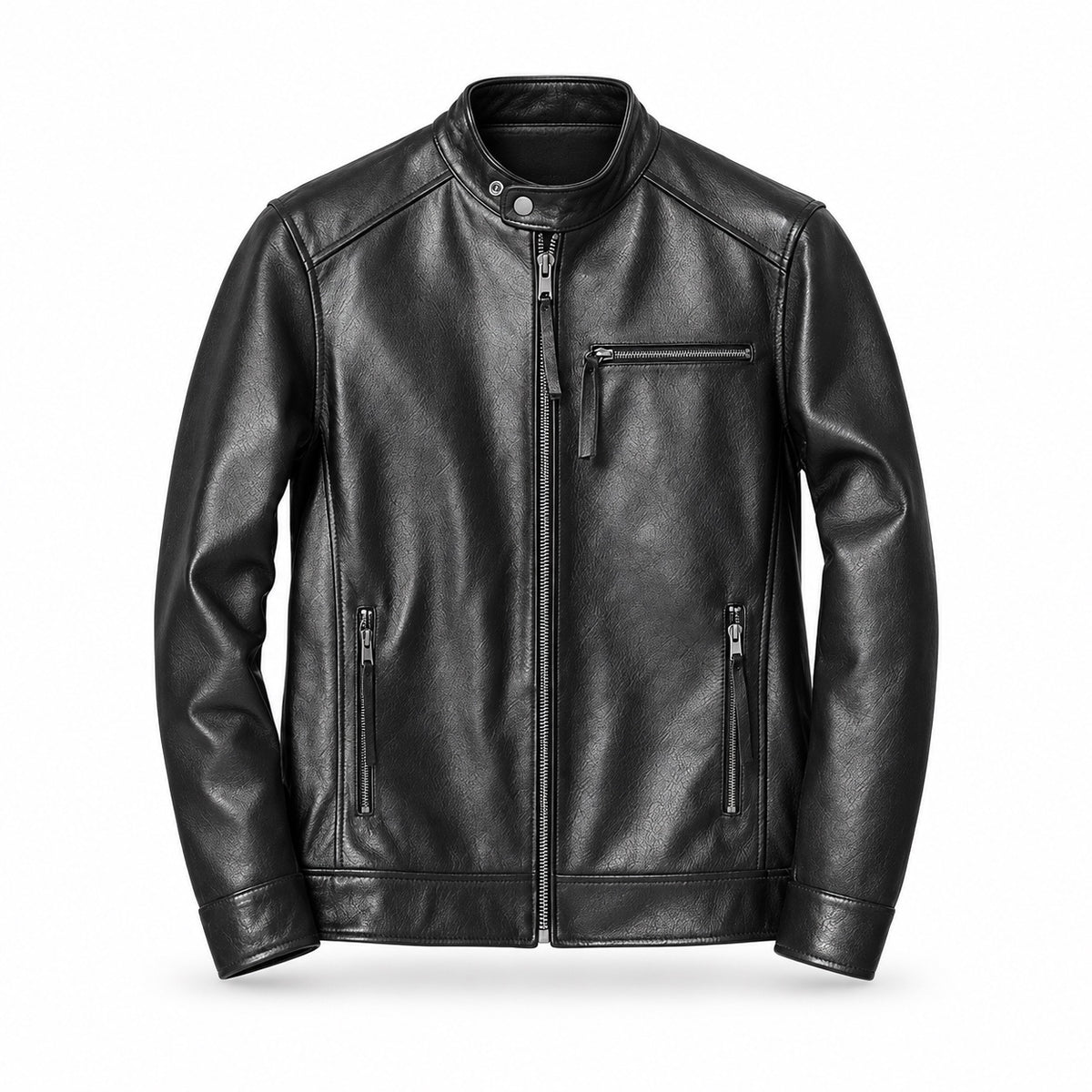Black cowhide cafe racer jacket — clean front product view