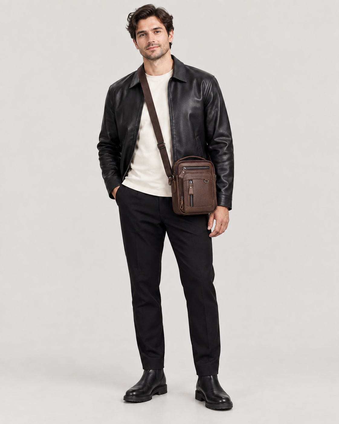 EKROZ dark brown leather crossbody bag worn by model