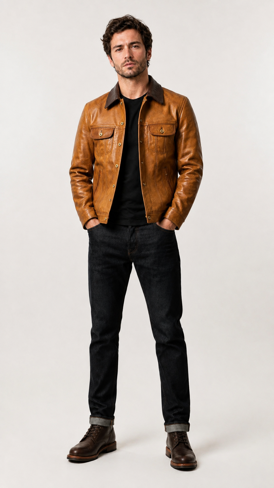 Full-length shot of a man in the tan goatskin jacket and dark jeans — British model