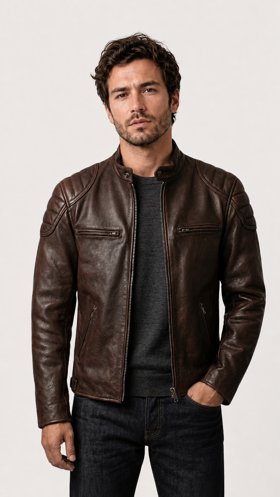 Man standing in the vintage brown leather biker jacket over a grey knit — British model
