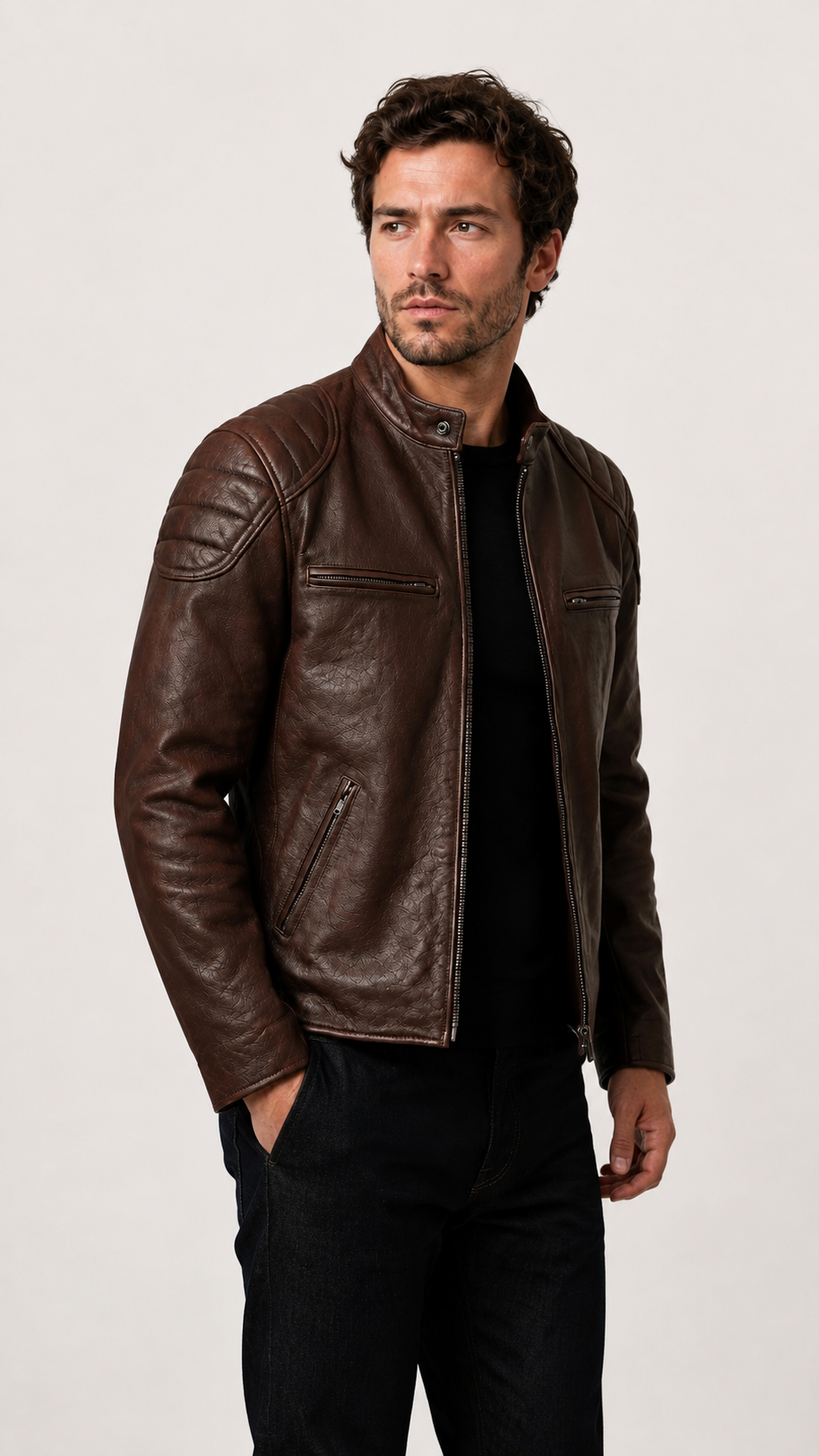 Three-quarter view of the vintage brown biker jacket worn over a grey knit — British model