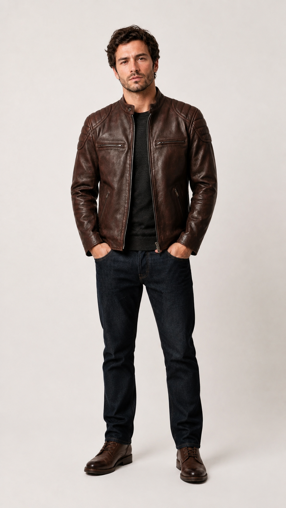 Full-length shot of a man in the vintage brown biker jacket and dark jeans — British model