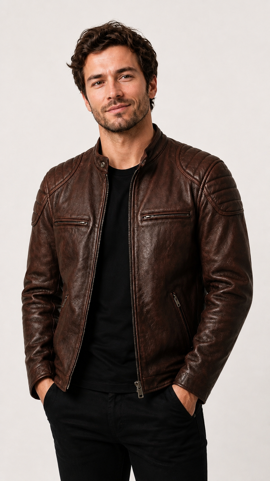 Man with hands in pockets wearing the vintage brown leather biker jacket — British model