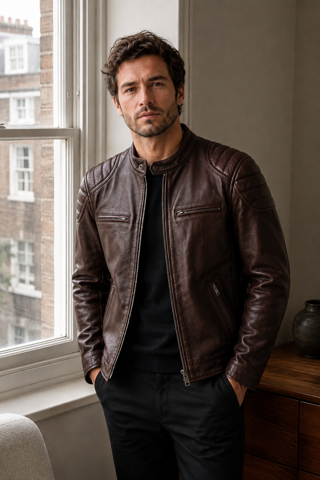Younger British model wearing the vintage brown biker jacket